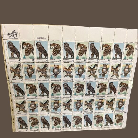MNH Scott #1760-63 Owls 15 Cent Stamp Sheet of 50 Stamps - Picture 1 of 2